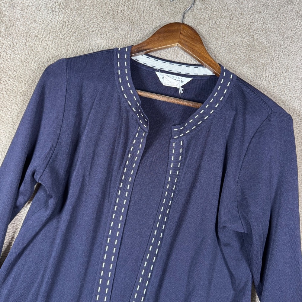 Misook Cardigan Women Small Petite Navy Open Front Contrast Stitch Knit Jacket